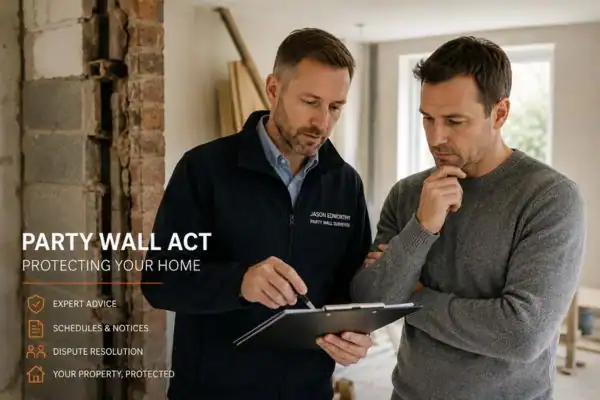 Party wall surveyor Emsworth discussing extension plans with homeowner outside a UK semi-detached house.
